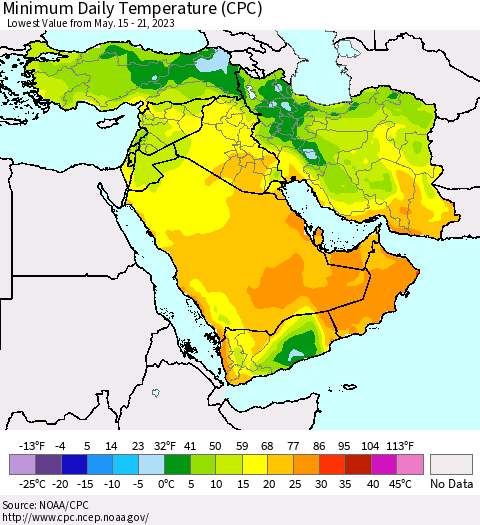 Middle East and Turkey Minimum Daily Temperature (CPC) Thematic Map For 5/15/2023 - 5/21/2023