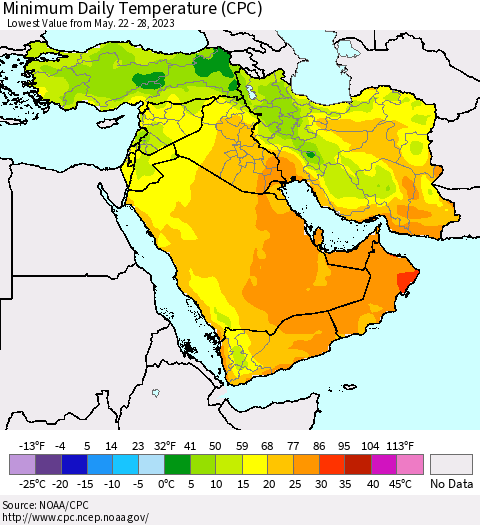 Middle East and Turkey Minimum Daily Temperature (CPC) Thematic Map For 5/22/2023 - 5/28/2023