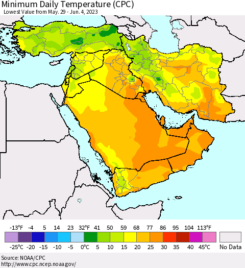 Middle East and Turkey Minimum Daily Temperature (CPC) Thematic Map For 5/29/2023 - 6/4/2023