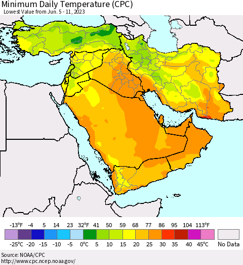 Middle East and Turkey Minimum Daily Temperature (CPC) Thematic Map For 6/5/2023 - 6/11/2023