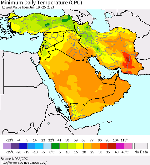Middle East and Turkey Minimum Daily Temperature (CPC) Thematic Map For 6/19/2023 - 6/25/2023