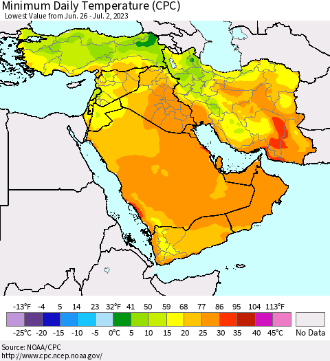 Middle East and Turkey Minimum Daily Temperature (CPC) Thematic Map For 6/26/2023 - 7/2/2023