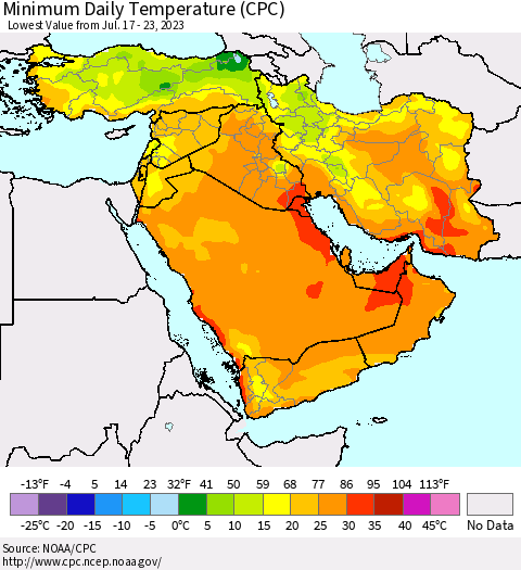 Middle East and Turkey Minimum Daily Temperature (CPC) Thematic Map For 7/17/2023 - 7/23/2023