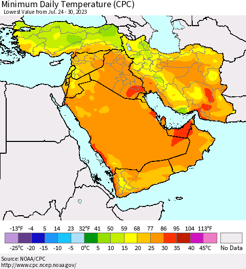 Middle East and Turkey Minimum Daily Temperature (CPC) Thematic Map For 7/24/2023 - 7/30/2023