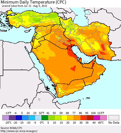 Middle East and Turkey Minimum Daily Temperature (CPC) Thematic Map For 7/31/2023 - 8/6/2023