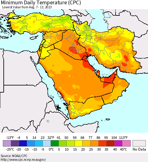 Middle East and Turkey Minimum Daily Temperature (CPC) Thematic Map For 8/7/2023 - 8/13/2023