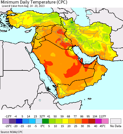 Middle East and Turkey Minimum Daily Temperature (CPC) Thematic Map For 8/14/2023 - 8/20/2023