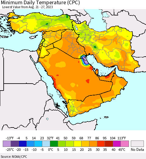 Middle East and Turkey Minimum Daily Temperature (CPC) Thematic Map For 8/21/2023 - 8/27/2023