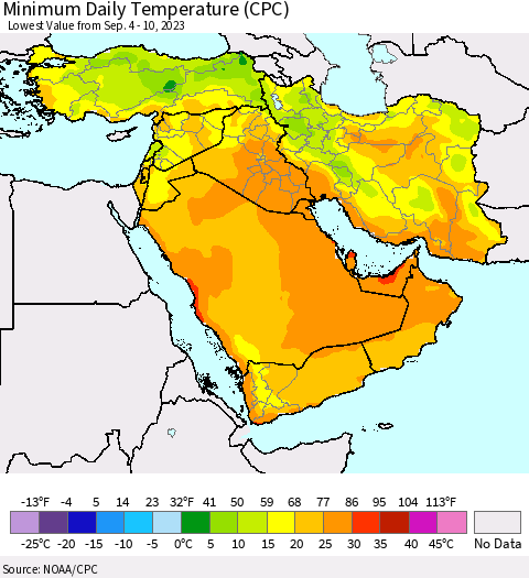 Middle East and Turkey Minimum Daily Temperature (CPC) Thematic Map For 9/4/2023 - 9/10/2023