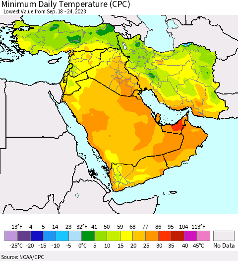 Middle East and Turkey Minimum Daily Temperature (CPC) Thematic Map For 9/18/2023 - 9/24/2023