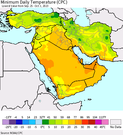 Middle East and Turkey Minimum Daily Temperature (CPC) Thematic Map For 9/25/2023 - 10/1/2023