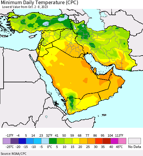Middle East and Turkey Minimum Daily Temperature (CPC) Thematic Map For 10/2/2023 - 10/8/2023