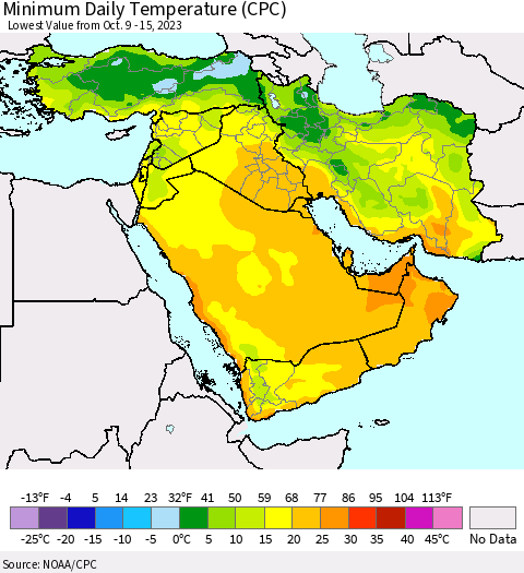 Middle East and Turkey Minimum Daily Temperature (CPC) Thematic Map For 10/9/2023 - 10/15/2023