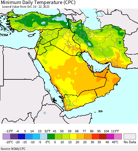 Middle East and Turkey Minimum Daily Temperature (CPC) Thematic Map For 10/16/2023 - 10/22/2023