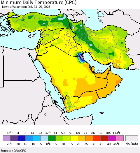 Middle East and Turkey Minimum Daily Temperature (CPC) Thematic Map For 10/23/2023 - 10/29/2023