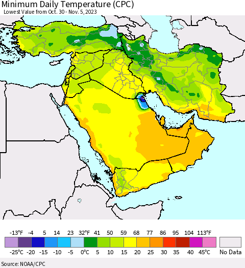 Middle East and Turkey Minimum Daily Temperature (CPC) Thematic Map For 10/30/2023 - 11/5/2023