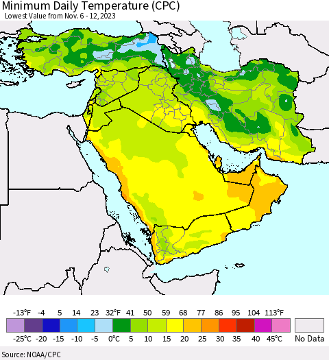 Middle East and Turkey Minimum Daily Temperature (CPC) Thematic Map For 11/6/2023 - 11/12/2023