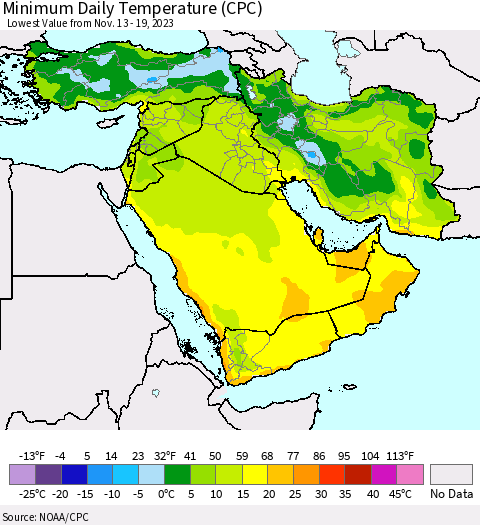 Middle East and Turkey Minimum Daily Temperature (CPC) Thematic Map For 11/13/2023 - 11/19/2023