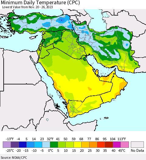 Middle East and Turkey Minimum Daily Temperature (CPC) Thematic Map For 11/20/2023 - 11/26/2023