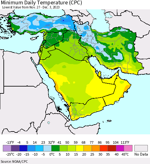 Middle East and Turkey Minimum Daily Temperature (CPC) Thematic Map For 11/27/2023 - 12/3/2023