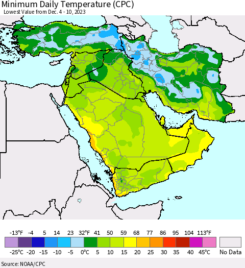 Middle East and Turkey Minimum Daily Temperature (CPC) Thematic Map For 12/4/2023 - 12/10/2023