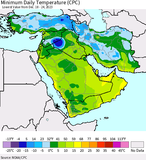 Middle East and Turkey Minimum Daily Temperature (CPC) Thematic Map For 12/18/2023 - 12/24/2023