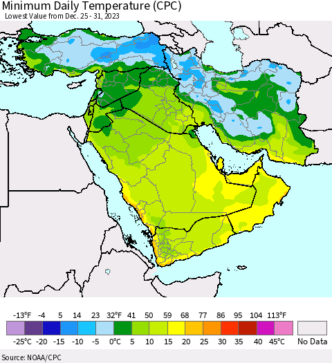 Middle East and Turkey Minimum Daily Temperature (CPC) Thematic Map For 12/25/2023 - 12/31/2023