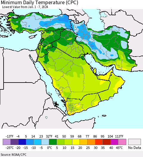 Middle East and Turkey Minimum Daily Temperature (CPC) Thematic Map For 1/1/2024 - 1/7/2024