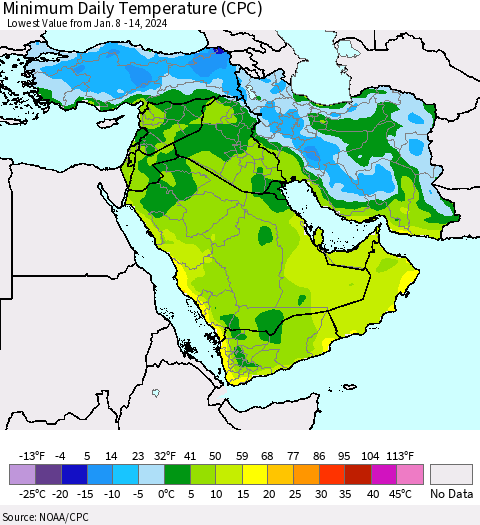Middle East and Turkey Minimum Daily Temperature (CPC) Thematic Map For 1/8/2024 - 1/14/2024