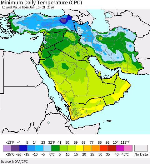 Middle East and Turkey Minimum Daily Temperature (CPC) Thematic Map For 1/15/2024 - 1/21/2024
