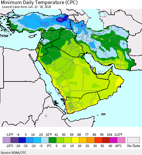 Middle East and Turkey Minimum Daily Temperature (CPC) Thematic Map For 1/22/2024 - 1/28/2024