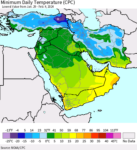 Middle East and Turkey Minimum Daily Temperature (CPC) Thematic Map For 1/29/2024 - 2/4/2024
