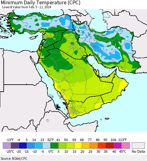 Middle East and Turkey Minimum Daily Temperature (CPC) Thematic Map For 2/5/2024 - 2/11/2024