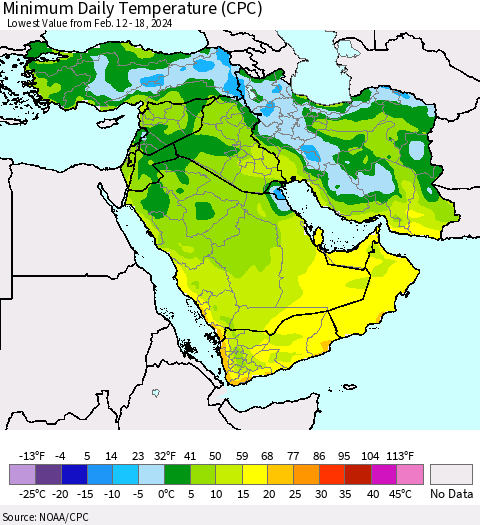Middle East and Turkey Minimum Daily Temperature (CPC) Thematic Map For 2/12/2024 - 2/18/2024