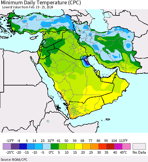 Middle East and Turkey Minimum Daily Temperature (CPC) Thematic Map For 2/19/2024 - 2/25/2024
