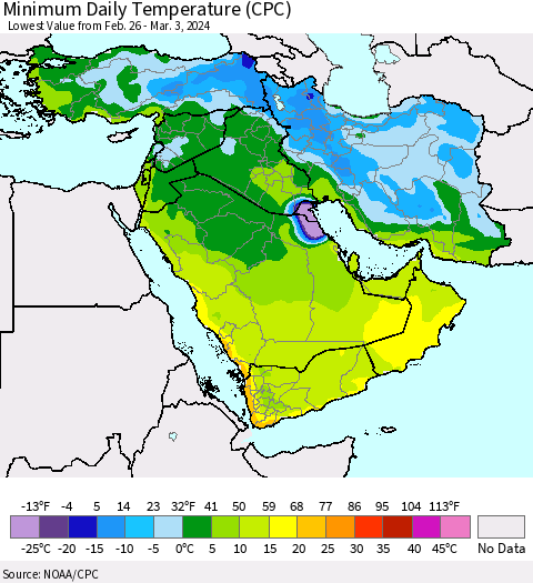 Middle East and Turkey Minimum Daily Temperature (CPC) Thematic Map For 2/26/2024 - 3/3/2024