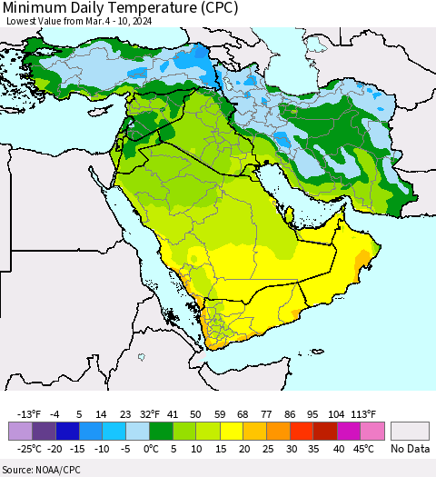 Middle East and Turkey Minimum Daily Temperature (CPC) Thematic Map For 3/4/2024 - 3/10/2024