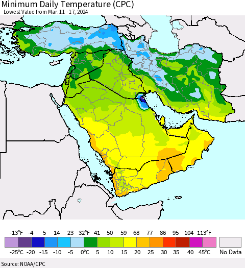 Middle East and Turkey Minimum Daily Temperature (CPC) Thematic Map For 3/11/2024 - 3/17/2024
