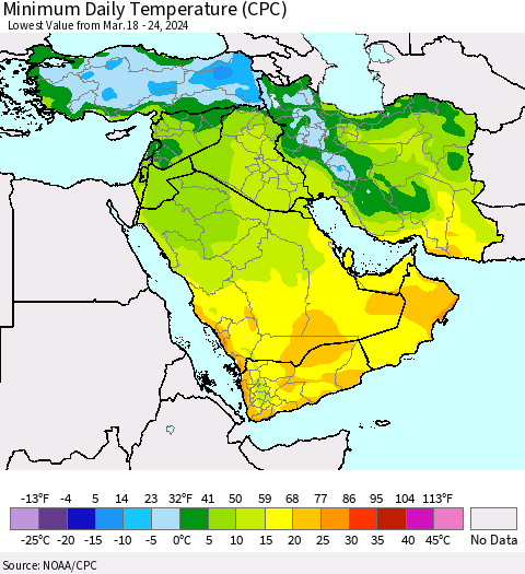 Middle East and Turkey Minimum Daily Temperature (CPC) Thematic Map For 3/18/2024 - 3/24/2024