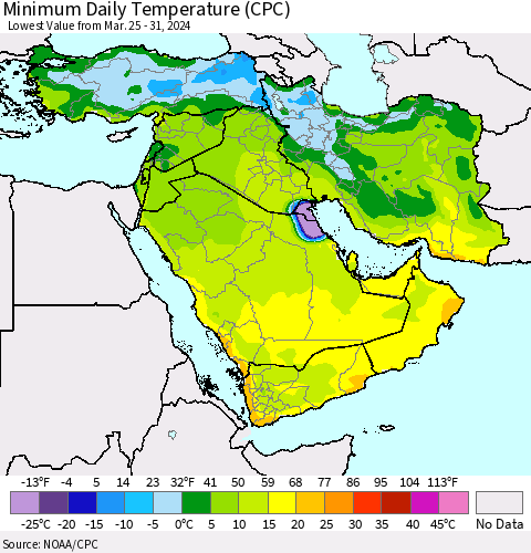 Middle East and Turkey Minimum Daily Temperature (CPC) Thematic Map For 3/25/2024 - 3/31/2024