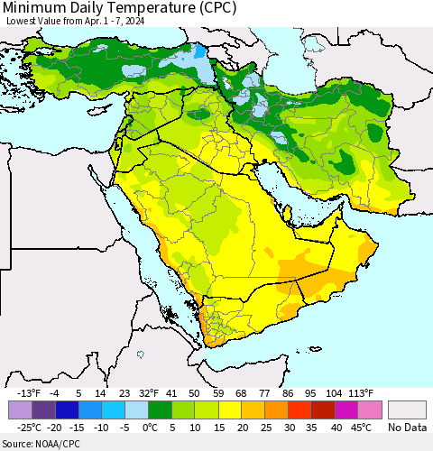 Middle East and Turkey Minimum Daily Temperature (CPC) Thematic Map For 4/1/2024 - 4/7/2024