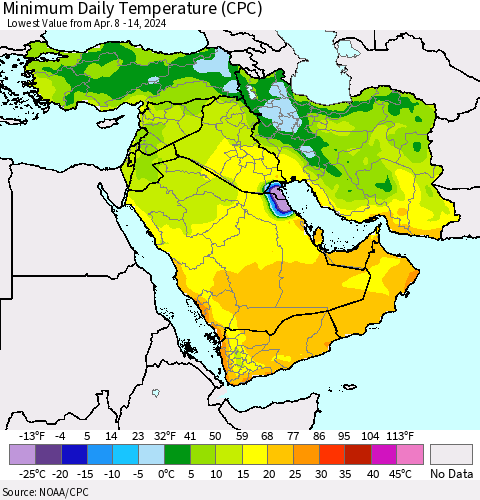 Middle East and Turkey Minimum Daily Temperature (CPC) Thematic Map For 4/8/2024 - 4/14/2024