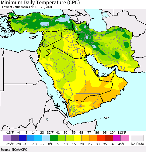 Middle East and Turkey Minimum Daily Temperature (CPC) Thematic Map For 4/15/2024 - 4/21/2024