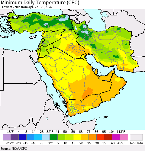 Middle East and Turkey Minimum Daily Temperature (CPC) Thematic Map For 4/22/2024 - 4/28/2024