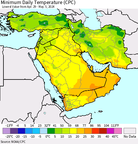 Middle East and Turkey Minimum Daily Temperature (CPC) Thematic Map For 4/29/2024 - 5/5/2024