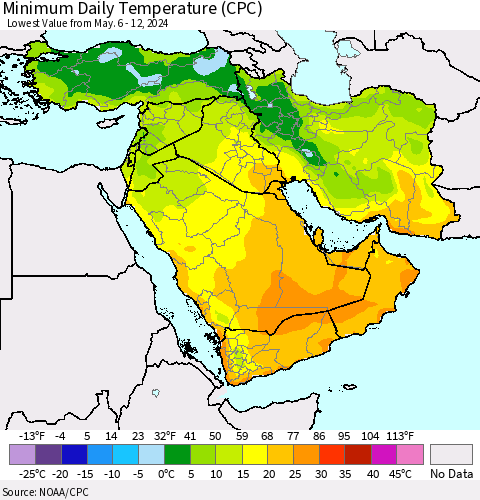 Middle East and Turkey Minimum Daily Temperature (CPC) Thematic Map For 5/6/2024 - 5/12/2024