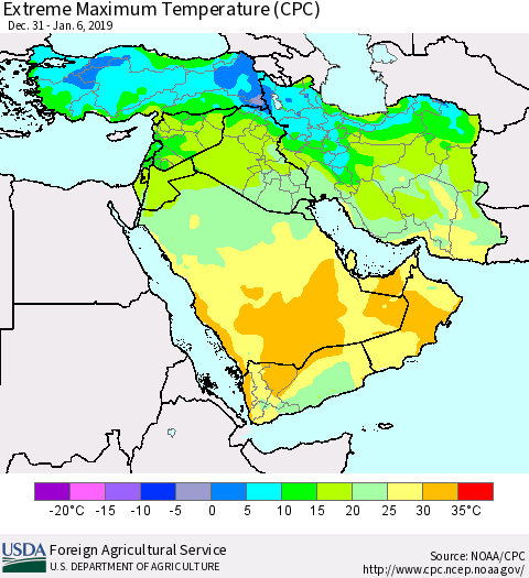Middle East and Turkey Maximum Daily Temperature (CPC) Thematic Map For 12/31/2018 - 1/6/2019