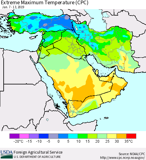 Middle East and Turkey Maximum Daily Temperature (CPC) Thematic Map For 1/7/2019 - 1/13/2019