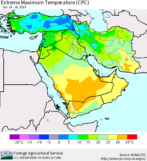 Middle East and Turkey Maximum Daily Temperature (CPC) Thematic Map For 1/14/2019 - 1/20/2019