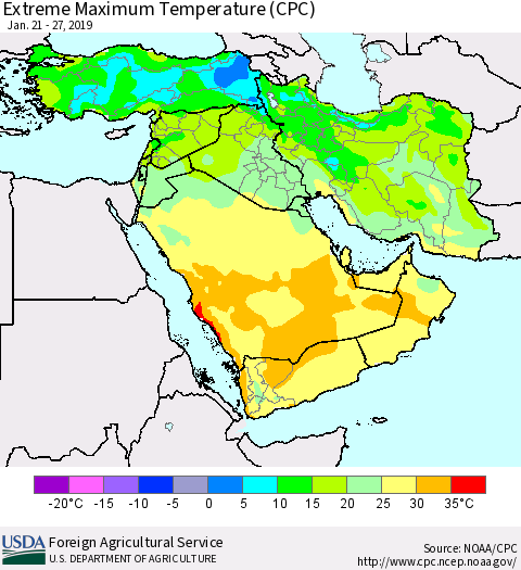 Middle East and Turkey Maximum Daily Temperature (CPC) Thematic Map For 1/21/2019 - 1/27/2019